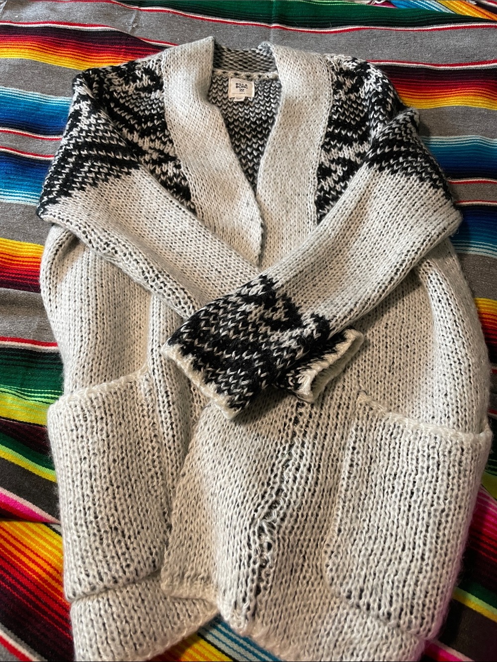 Cozy Billabong Cream Shawl Collar Cardigan with Black Pattern